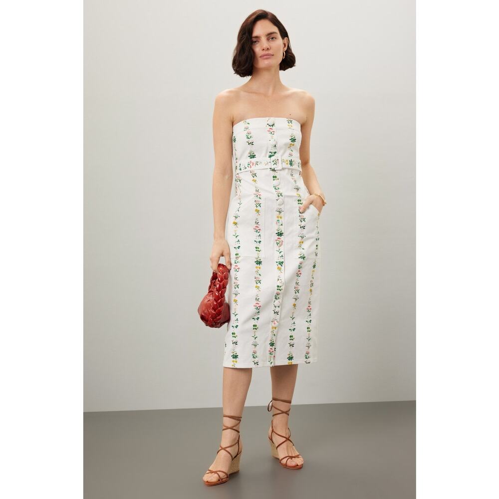 Adam Lippes Sz 10 White Garden Floral Print Strapless Button Front Midi Dress